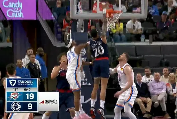 霍姆格伦三分投进已经拿到10分，雷霆开局19-9打停快船